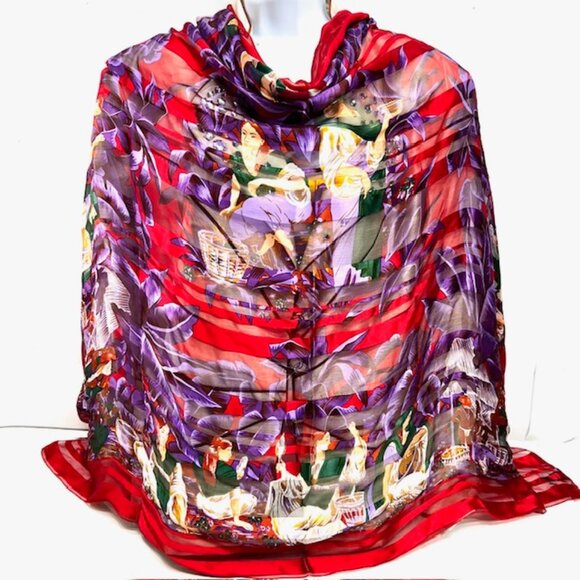 Elegance S.A PARIS   (EE) SCARF 100% SILK  Chiffon Satin  44"x44' Red Floral(32) - Picture 3 of 16